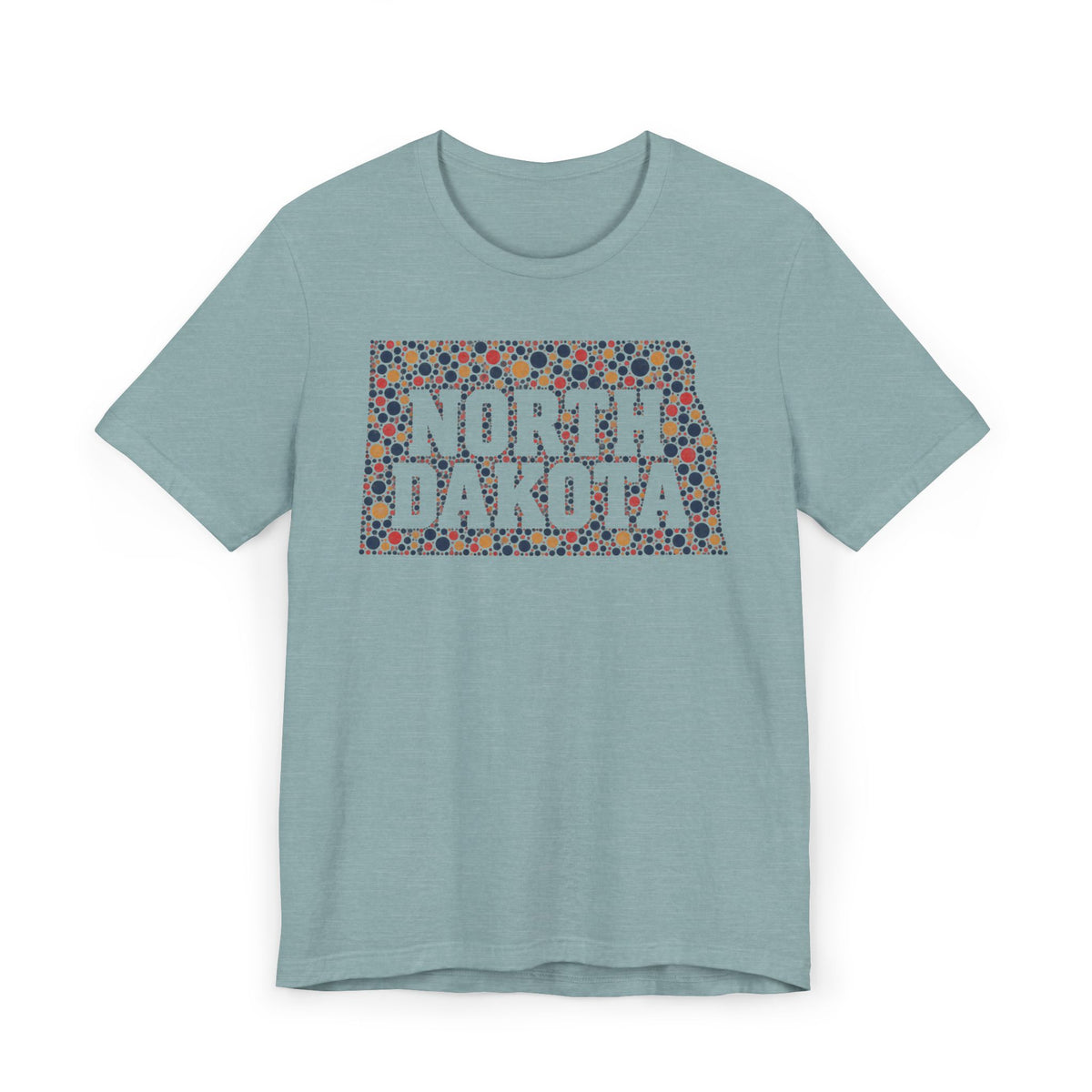 Teal T-shirt with colorful "North Dakota" floral map graphic on front