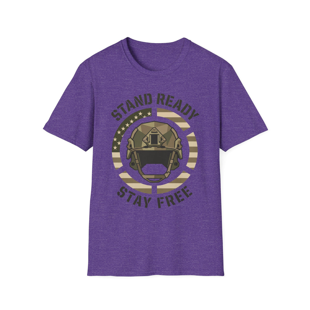 Purple crew-neck military helmet graphic t-shirt with circular “Stand Ready Stay Free” print