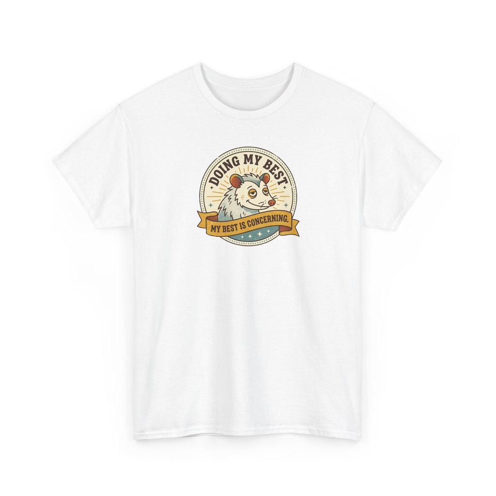 White sloth graphic T-shirt with circular badge print