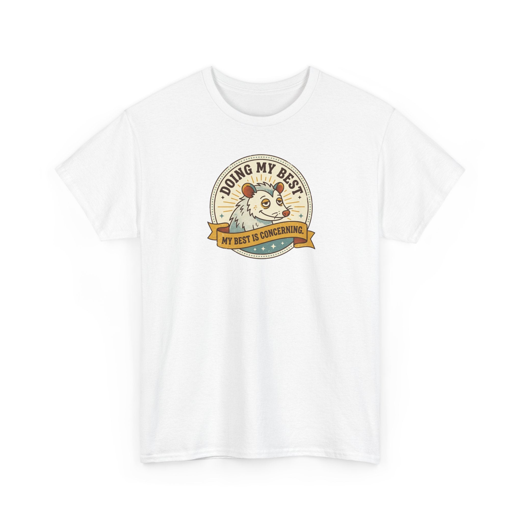 White sloth graphic T-shirt with circular badge print