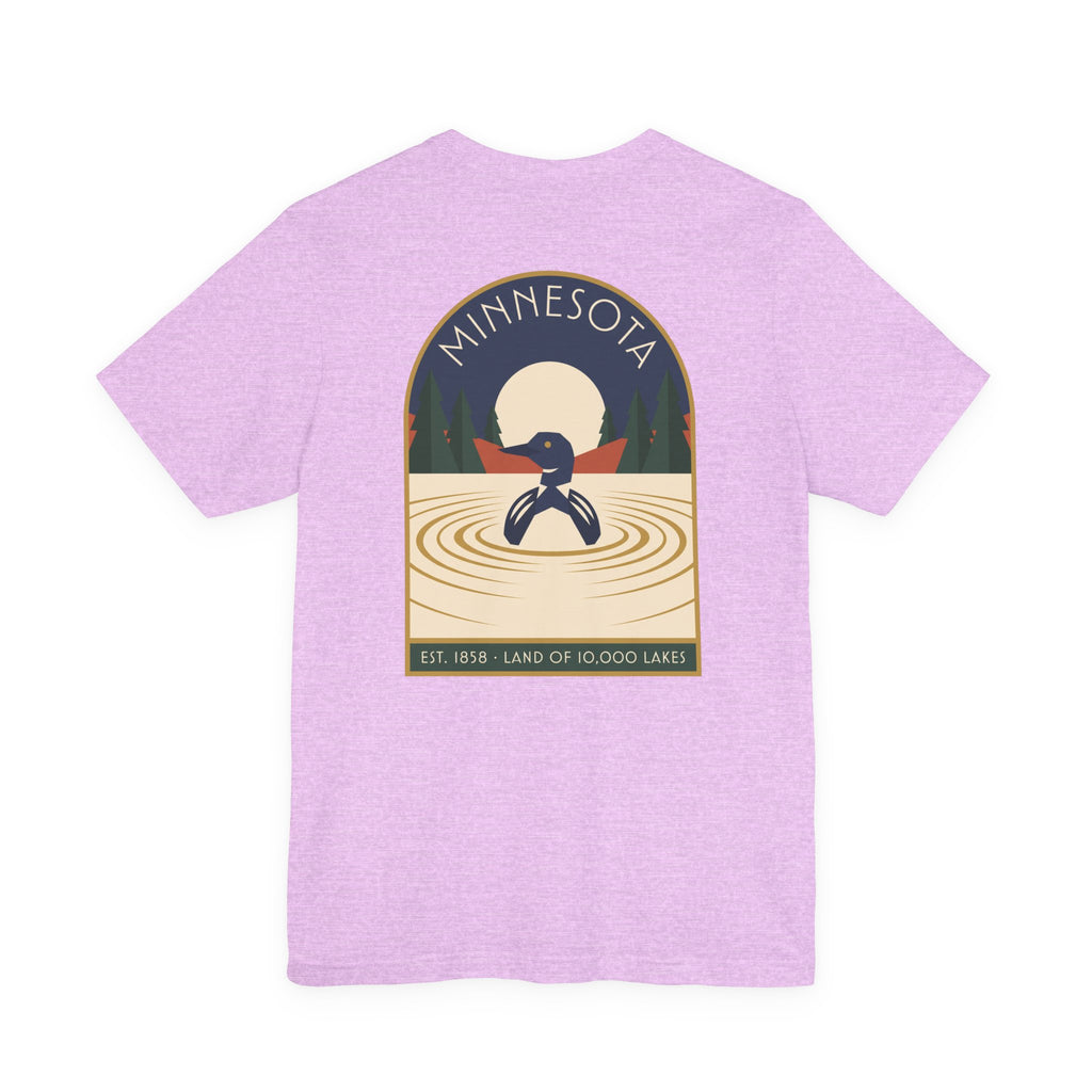 Light purple art deco T-shirt with Minnesota loon lake graphic emblem on front