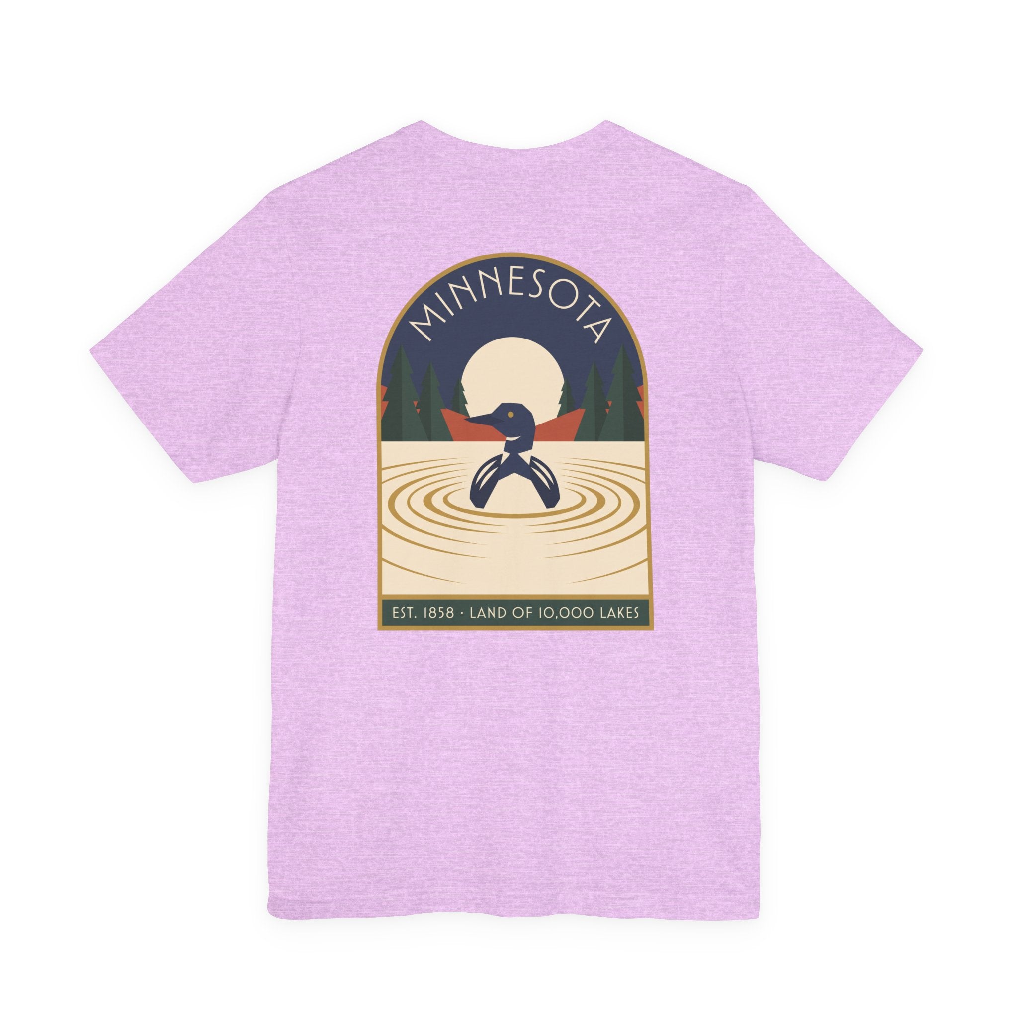 Light purple art deco T-shirt with Minnesota loon lake graphic emblem on front
