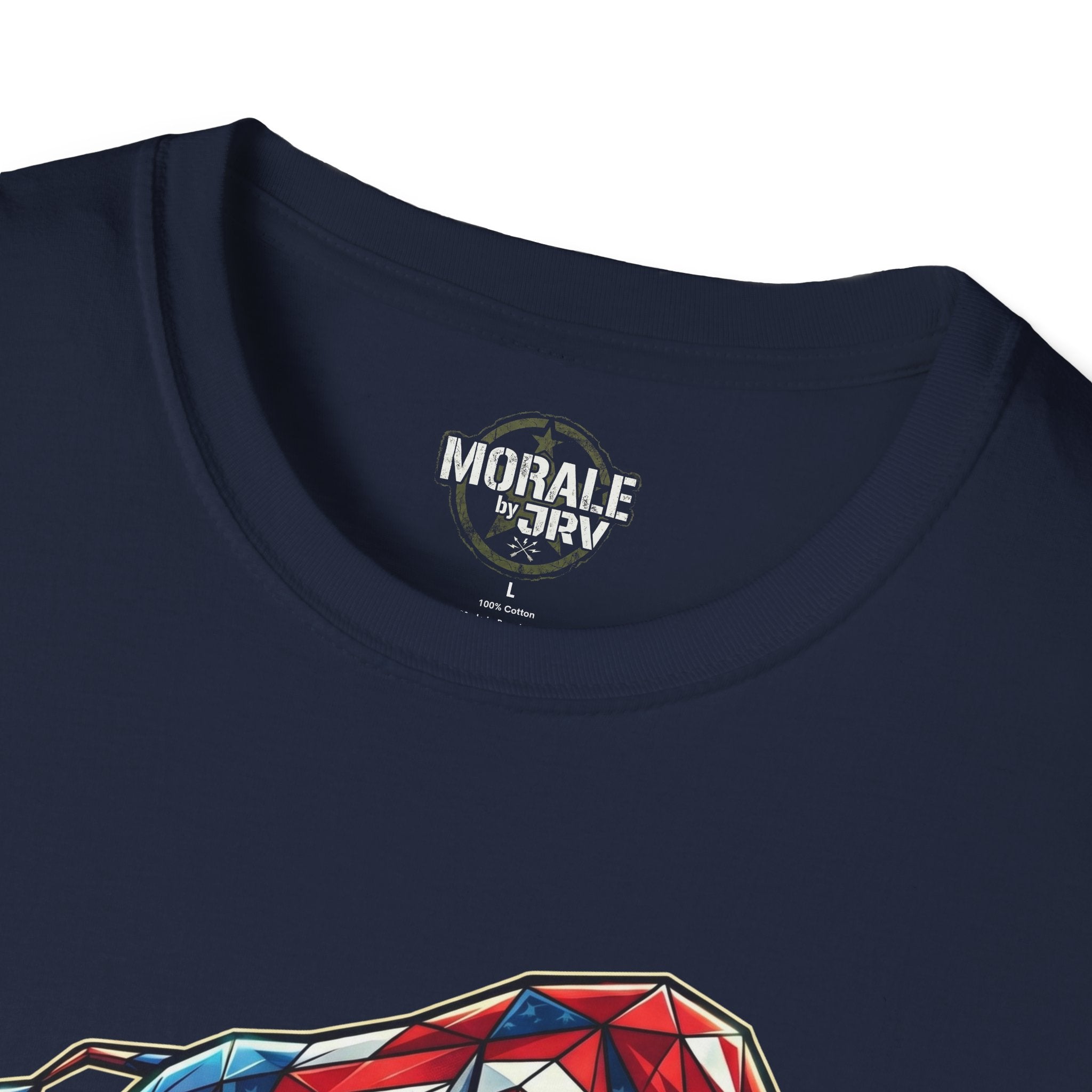 Navy crew-neck T-shirt with tag “Morale by TRTL” and “100% cotton”