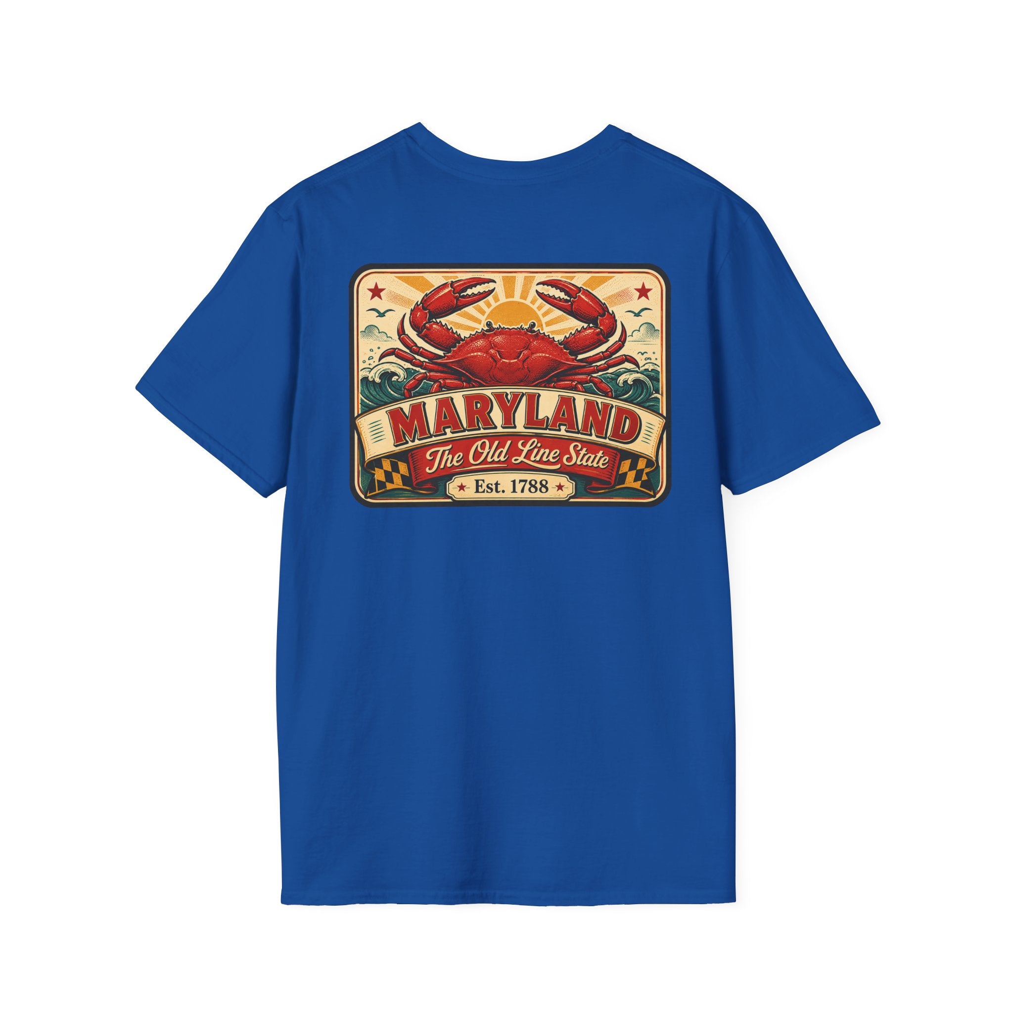Royal blue T-shirt with rectangular crab and Maryland graphic on the chest