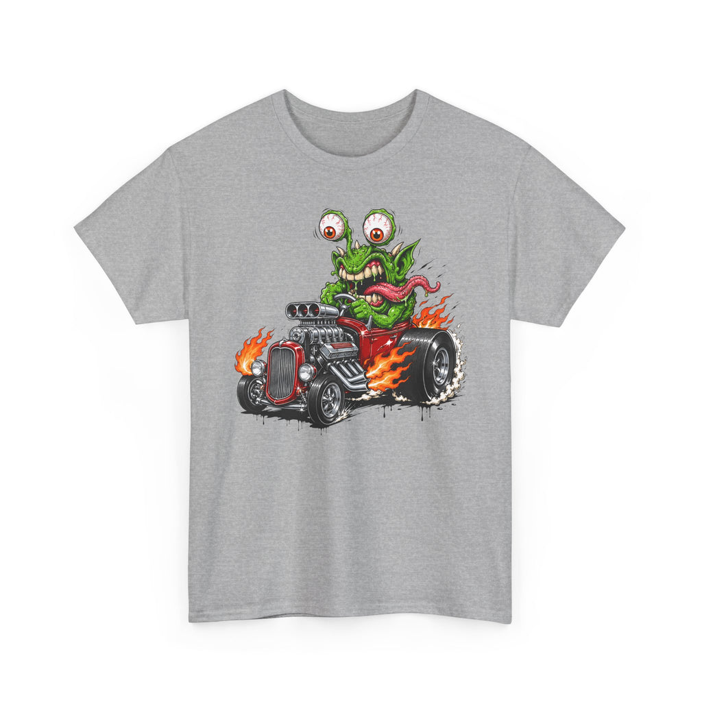 Unisex charcoal grey T-shirt with monster hot rod graphic on front