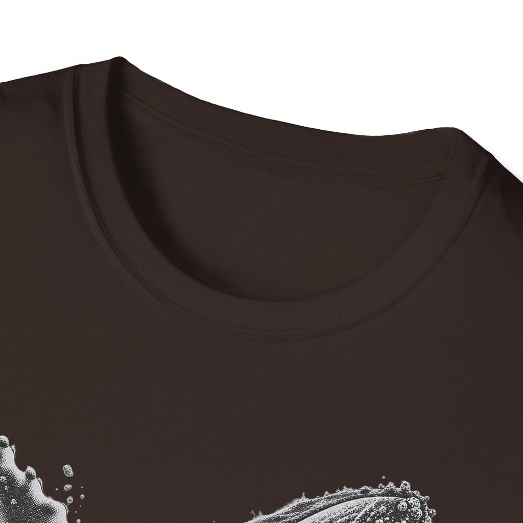 Dark brown T-shirt neckline close-up with crew neck and seam details
