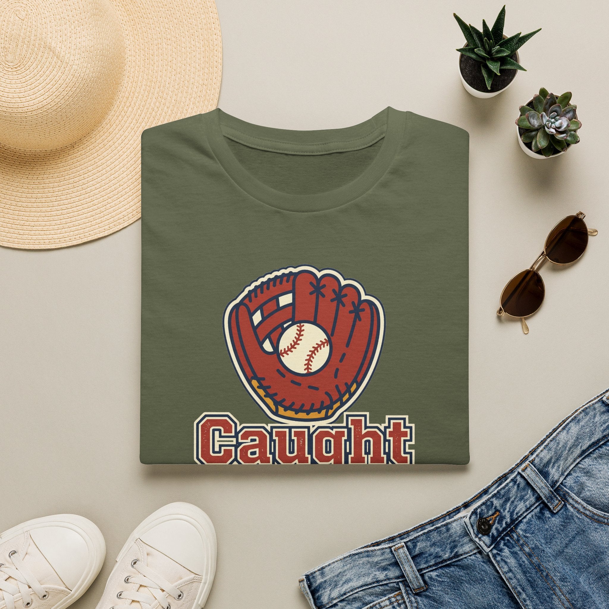 Military green baseball T-shirt with front glove graphic and 'Caught Looking' text