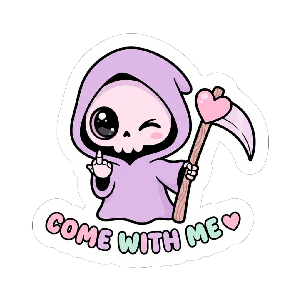 Cute purple grim reaper sticker holding a scythe with heart, text “COME WITH ME”.