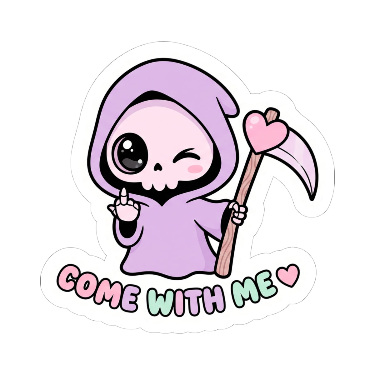 Cute purple grim reaper sticker holding a scythe with heart, text “COME WITH ME”.