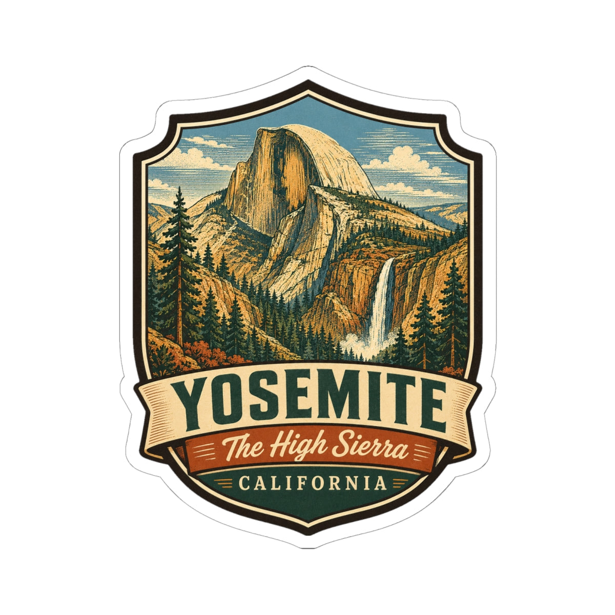 Yosemite National Park sticker, Half Dome landscape with The High Sierra ribbon