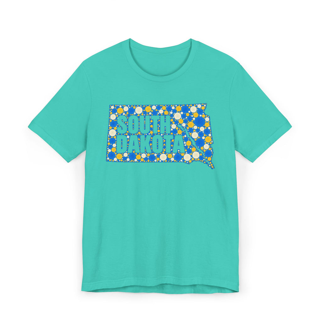 Teal crewneck T-shirt with blue and yellow South Dakota polka-dot map graphic.