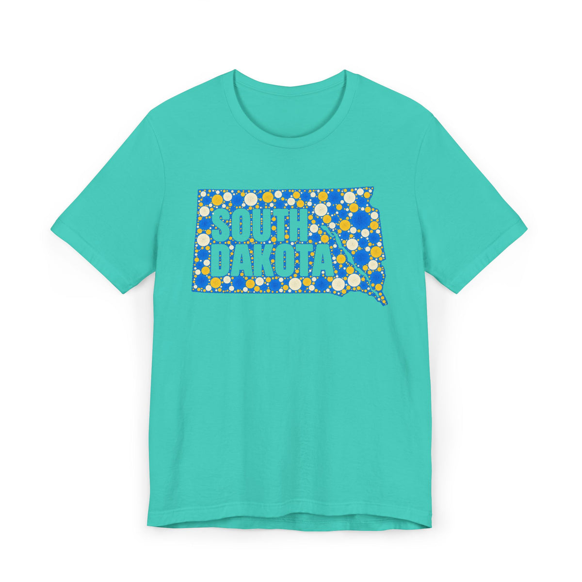 Teal crewneck T-shirt with blue and yellow South Dakota polka-dot map graphic.