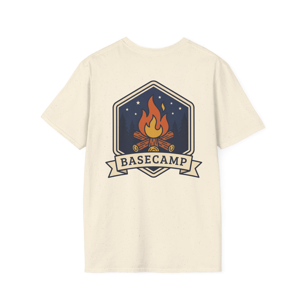 Basecamp campfire badge T-shirt in natural cream with colorful front graphic