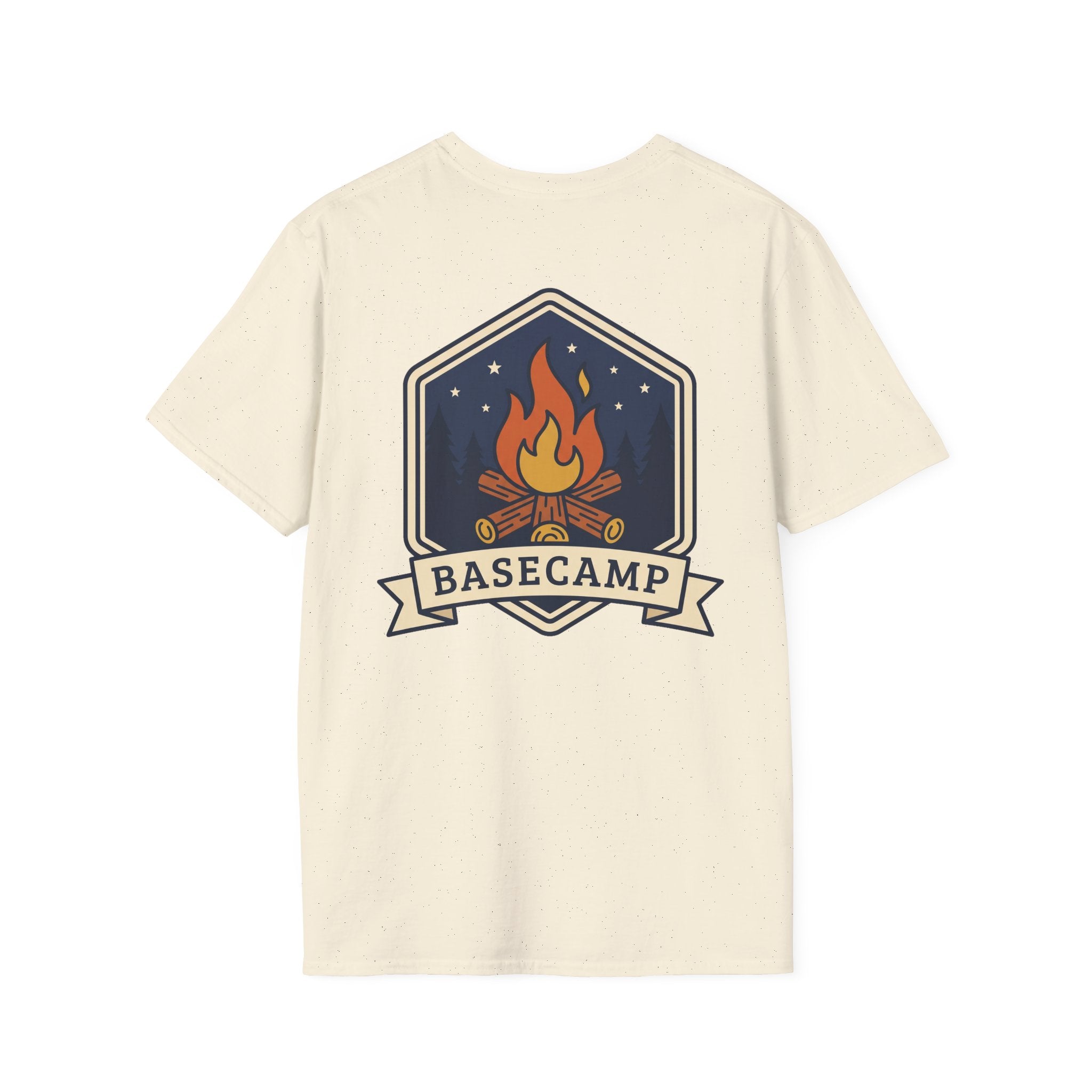 Basecamp campfire badge T-shirt in natural cream with colorful front graphic
