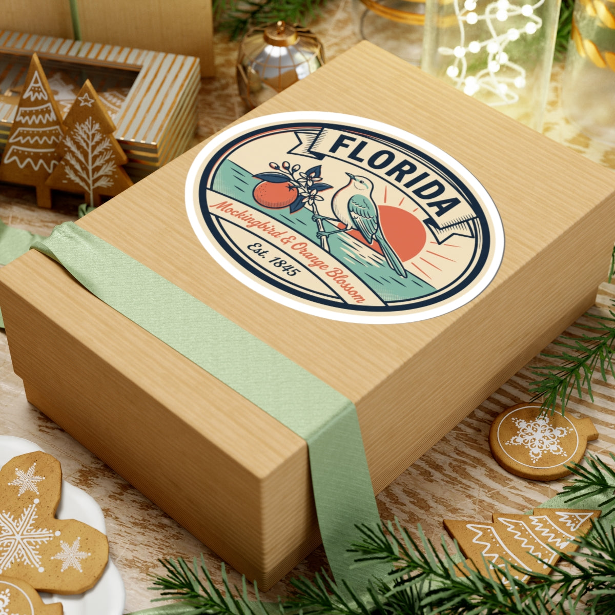 Florida round badge sticker on a gift box, with mockingbird and orange blossom Est. 1845
