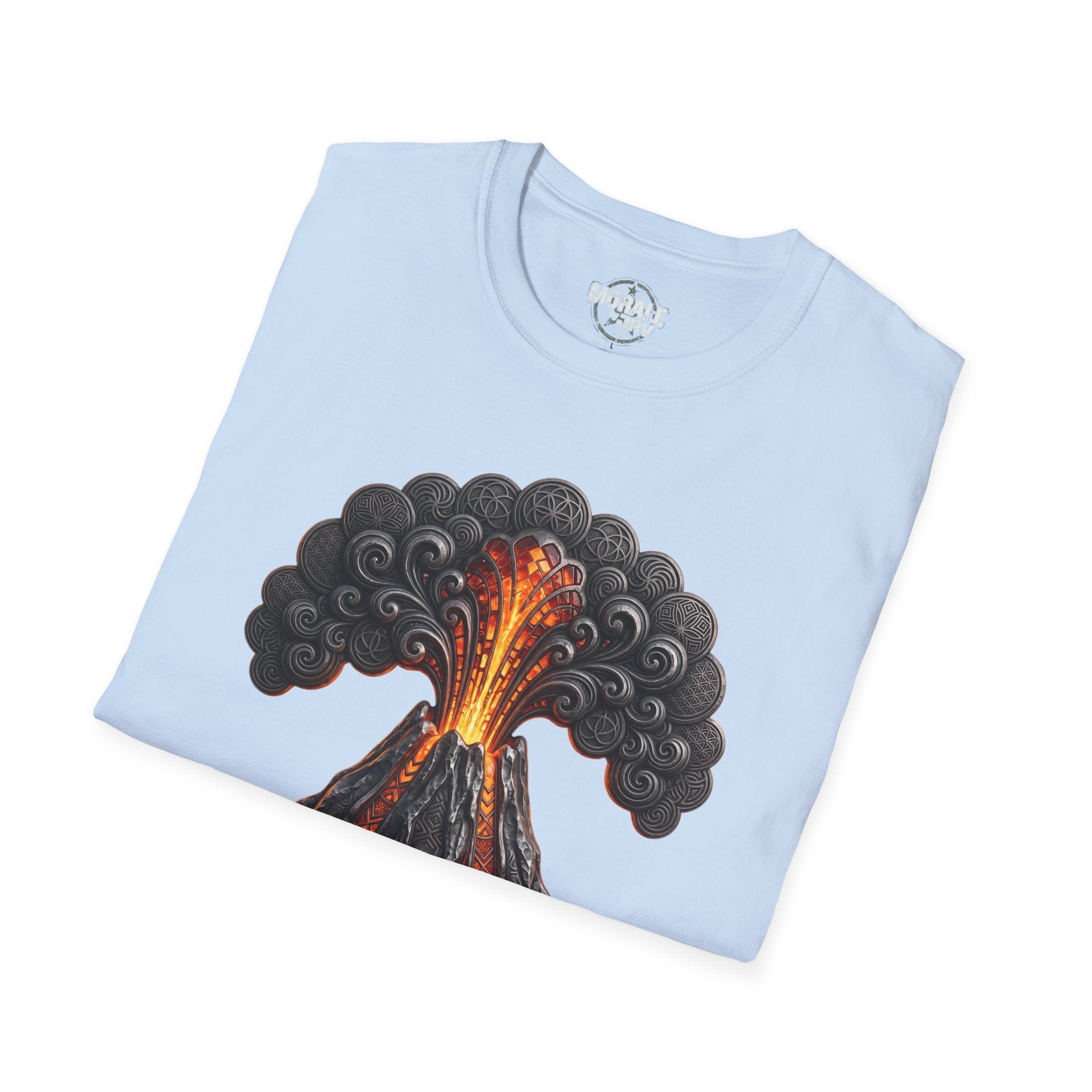 Light blue T-shirt with erupting volcano and lava smoke graphic on the front.