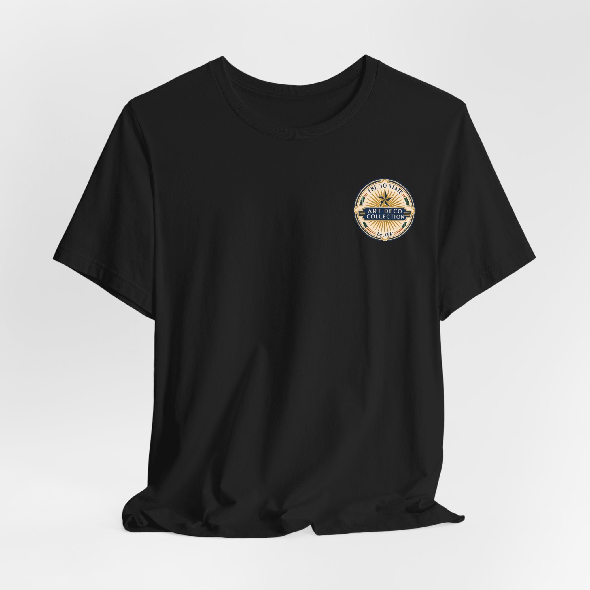 Black crew-neck t-shirt with round logo patch on left chest.
