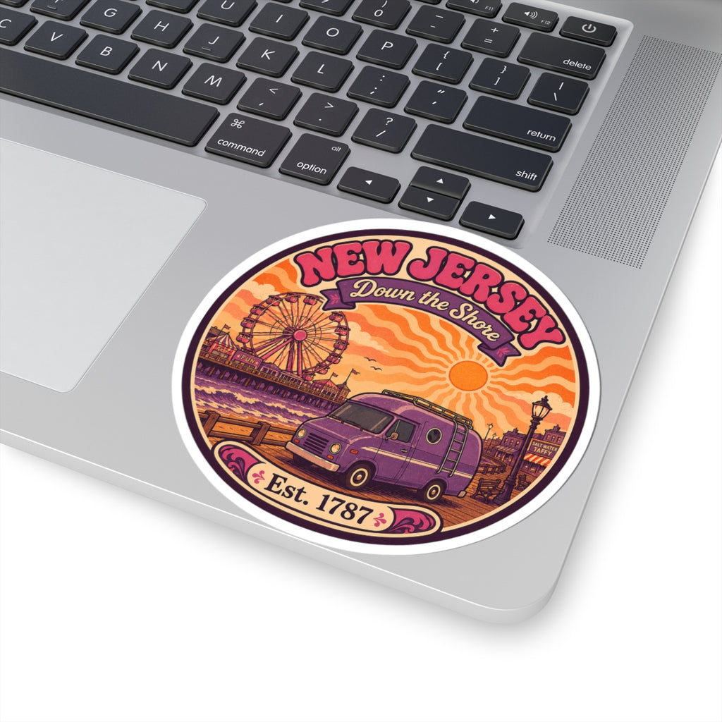 Round sticker on laptop with New Jersey lettering, purple van, Ferris wheel, Est. 1787