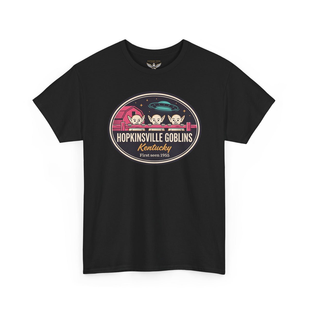 Black crewneck T-shirt with round UFO goblin logo graphic on the chest