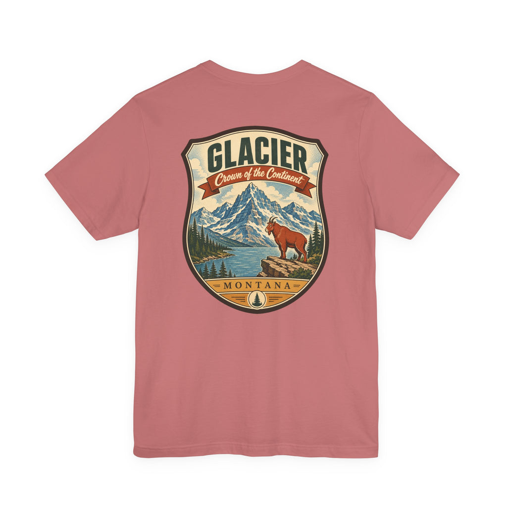Dusty rose crewneck t-shirt with large Glacier Montana mountain bear emblem on front