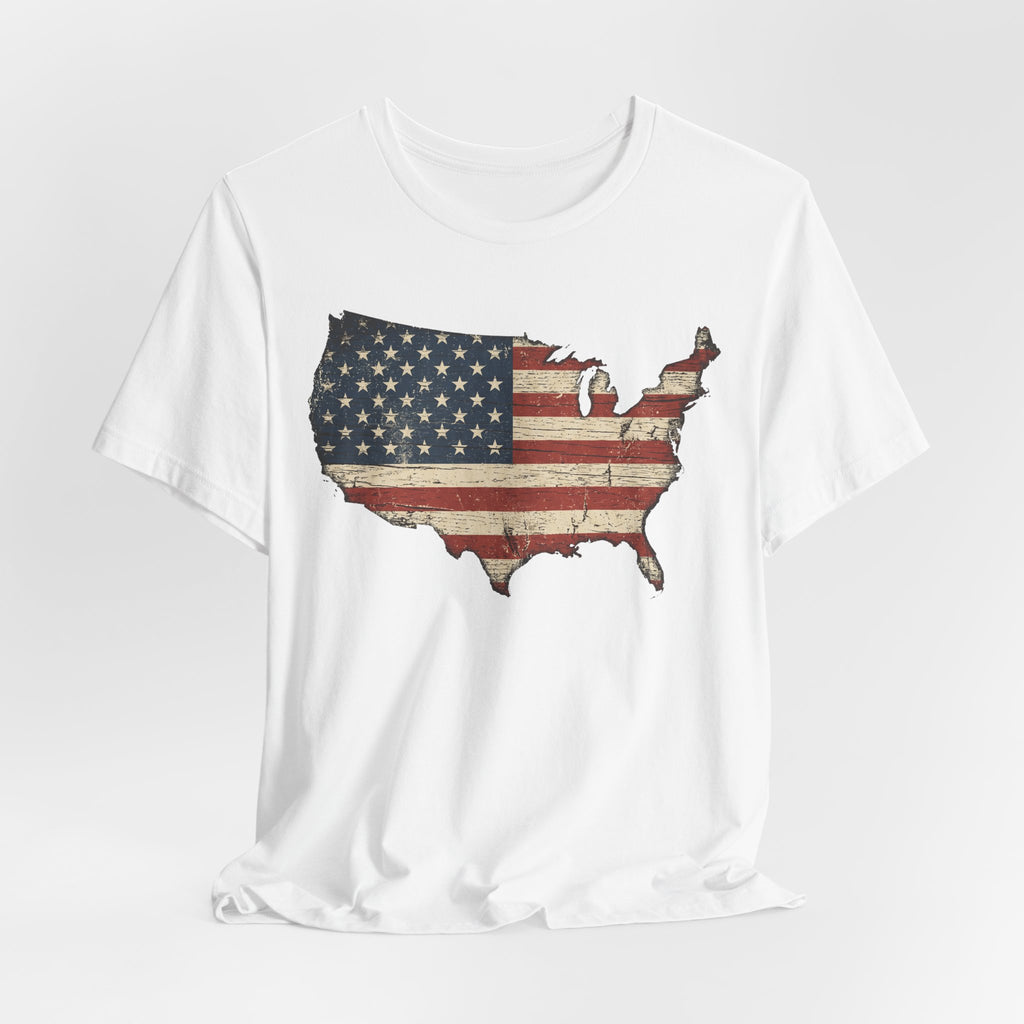 White T-shirt with distressed American flag map graphic on the front