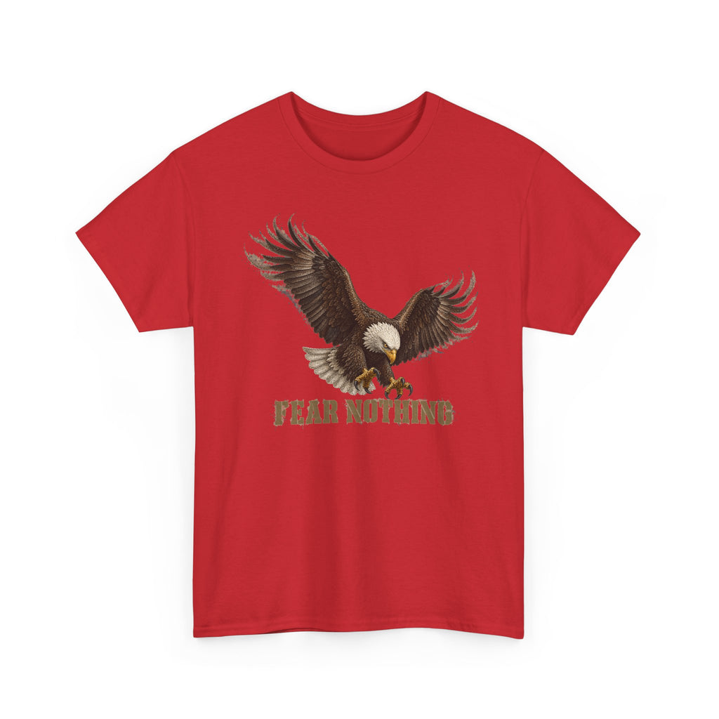 Red crewneck T-shirt with eagle graphic and “FEAR NOTHING”