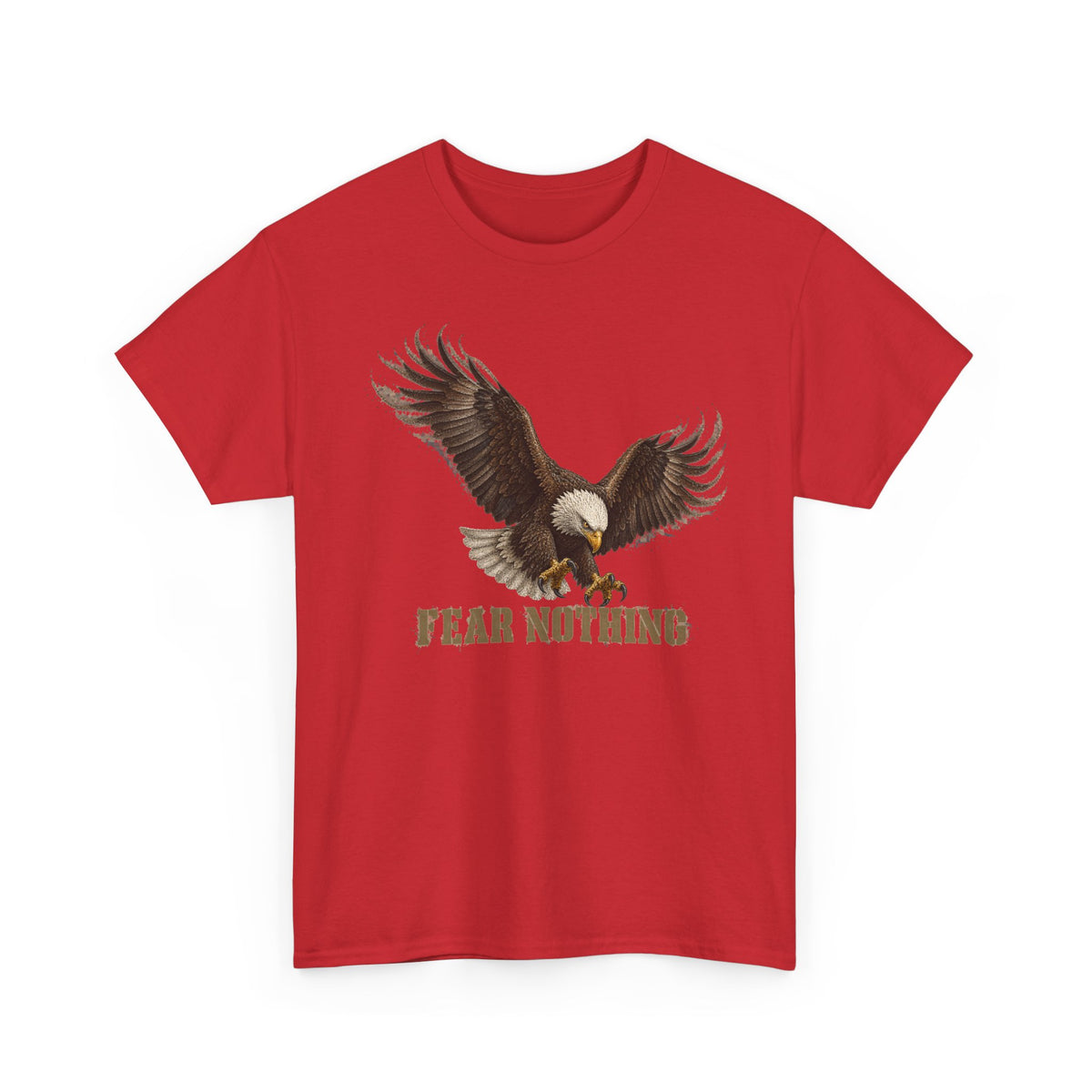 Red crewneck T-shirt with eagle graphic and “FEAR NOTHING”