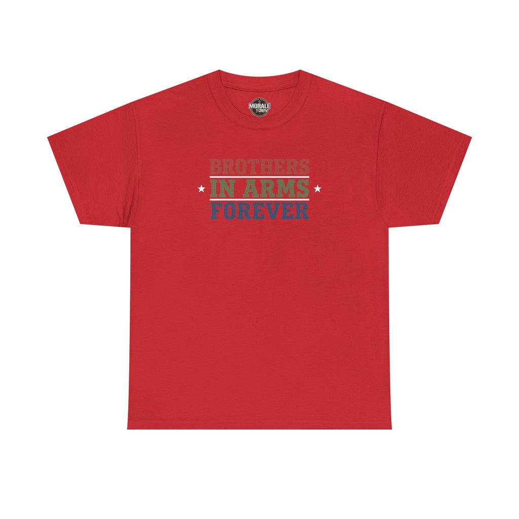 Red T-shirt with 'Brothers in Arms Forever' retro block text and stars