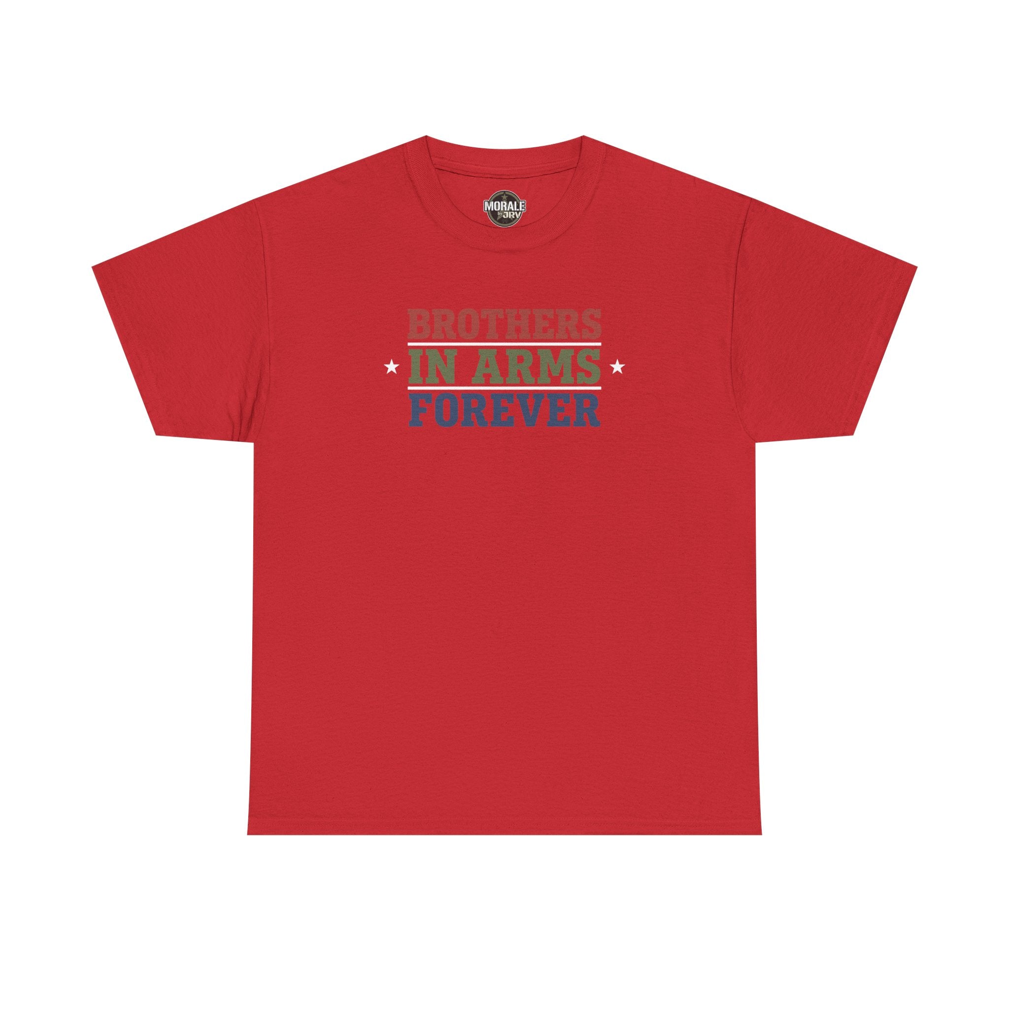 Red T-shirt with 'Brothers in Arms Forever' retro block text and stars