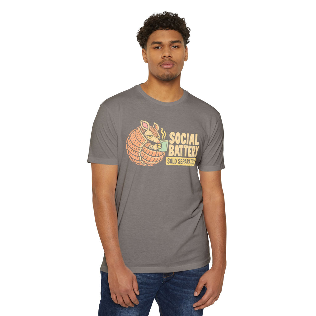 Gray t-shirt with armadillo Social Battery graphic on chest