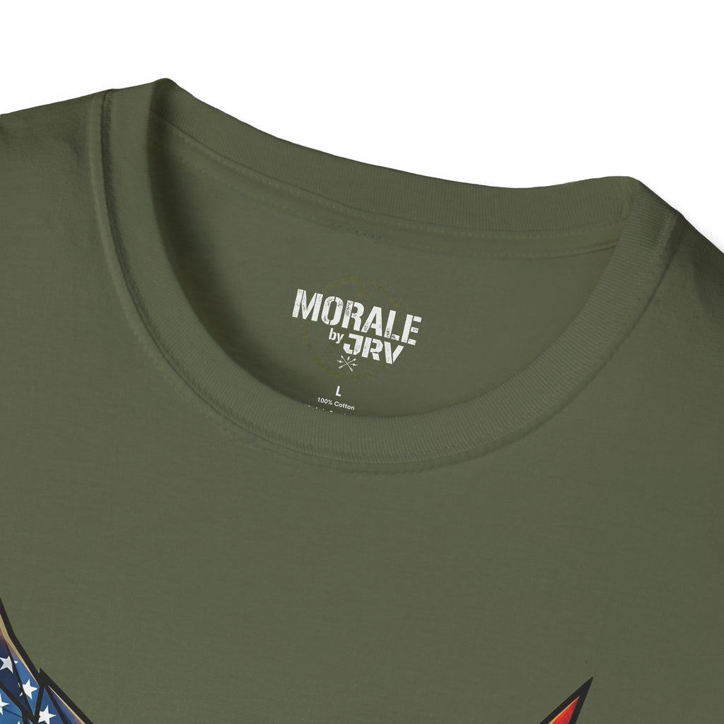 American Flag Phoenix Unbroken T-Shirt, military green crewneck with inner neck label