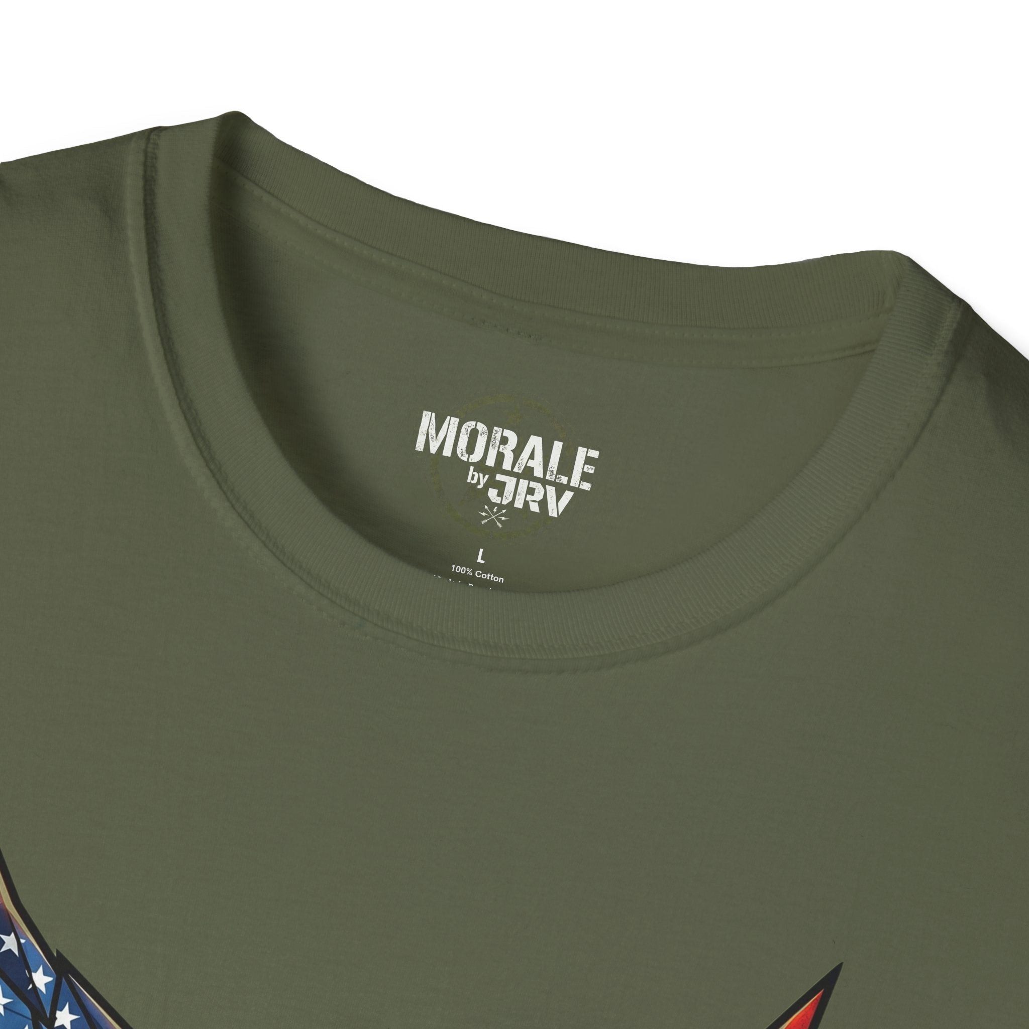 American Flag Phoenix Unbroken T-Shirt, military green crewneck with inner neck label