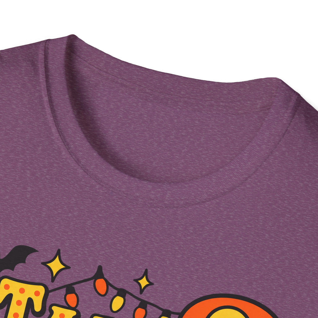 Maroon crew-neck T-shirt with partial 'Talk Spooky' Halloween graphic detail.