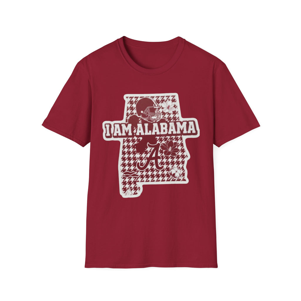 I Am Alabama houndstooth graphic T-shirt, Crimson red base, maroon-and-white state print