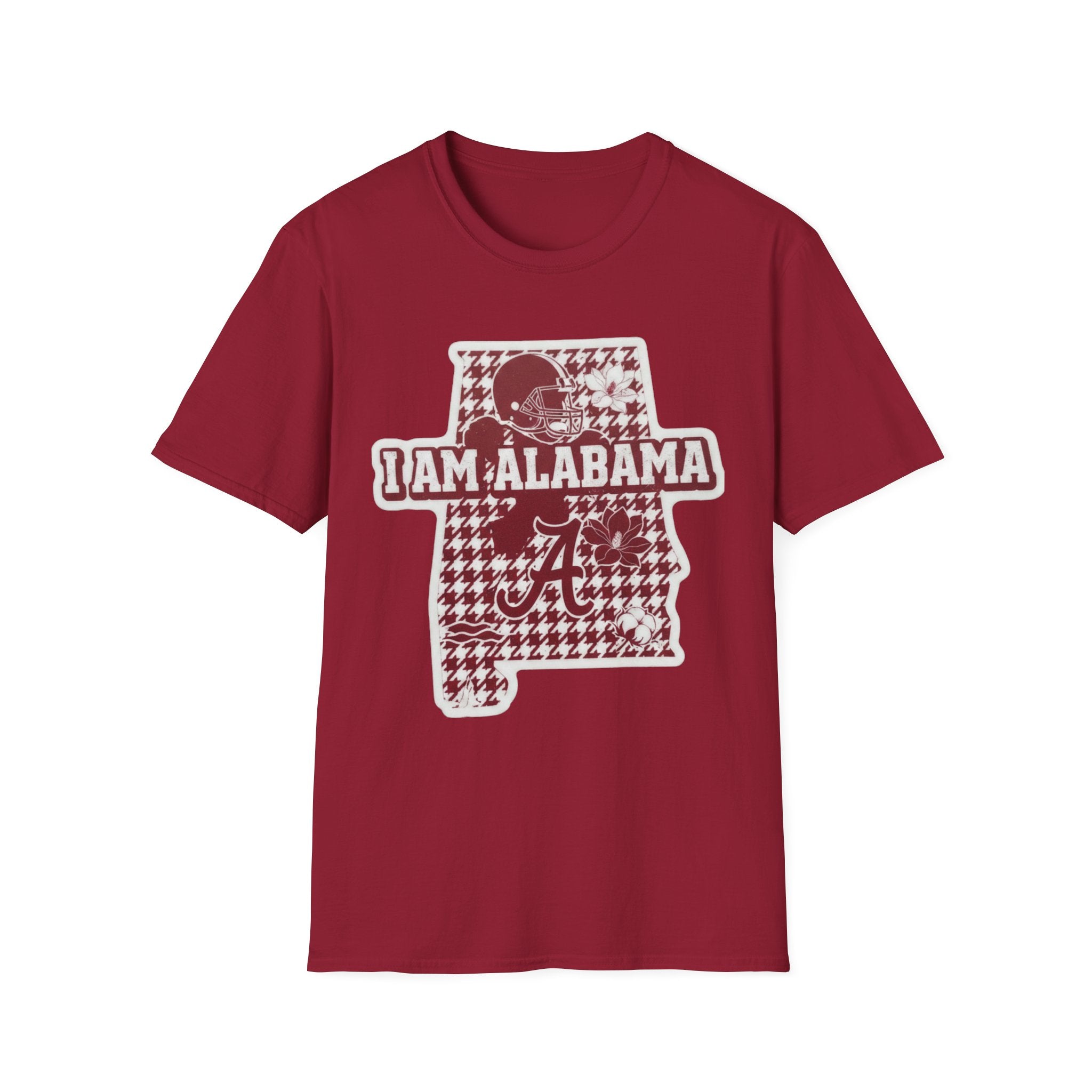 I Am Alabama houndstooth graphic T-shirt, Crimson red base, maroon-and-white state print