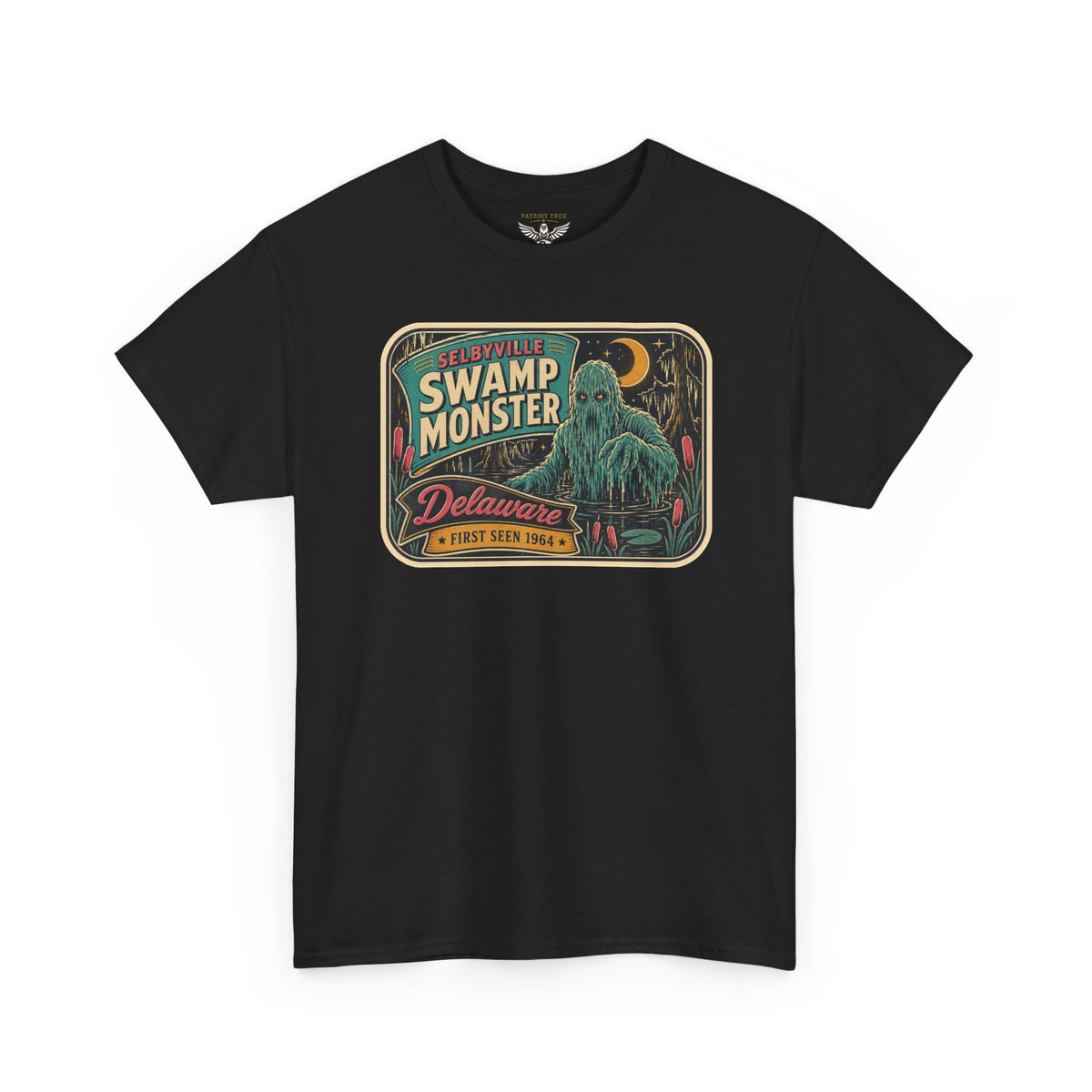 Black T-shirt with retro swamp monster graphic badge on the chest