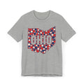 Heather gray crew-neck t-shirt with red white blue Ohio polka-dot graphic.