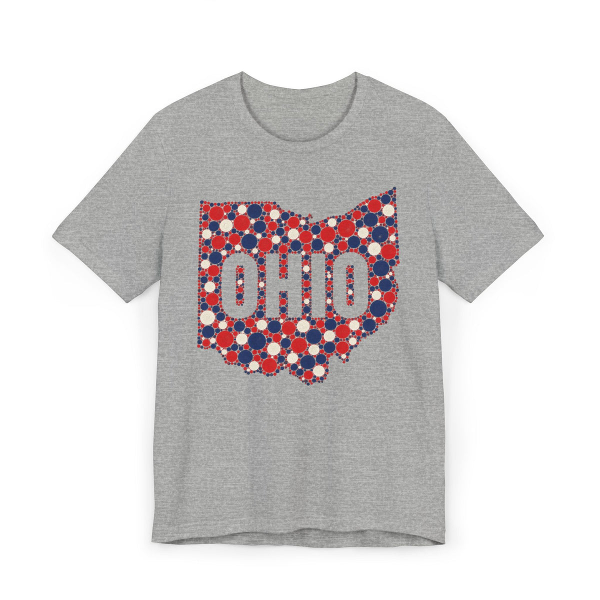 Heather gray crew-neck t-shirt with red white blue Ohio polka-dot graphic.