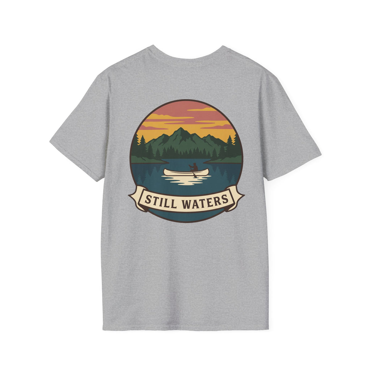 Heather gray T-shirt with Still Waters landscape canoe badge graphic on front