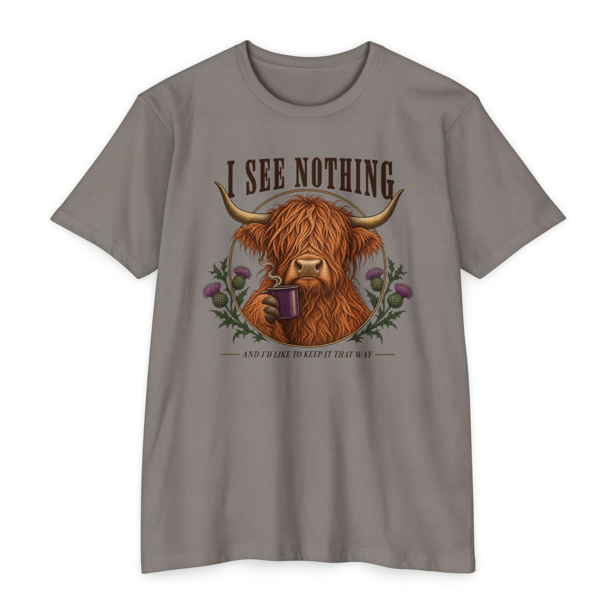 Gray short-sleeve graphic T-shirt with Highland cow holding a coffee mug