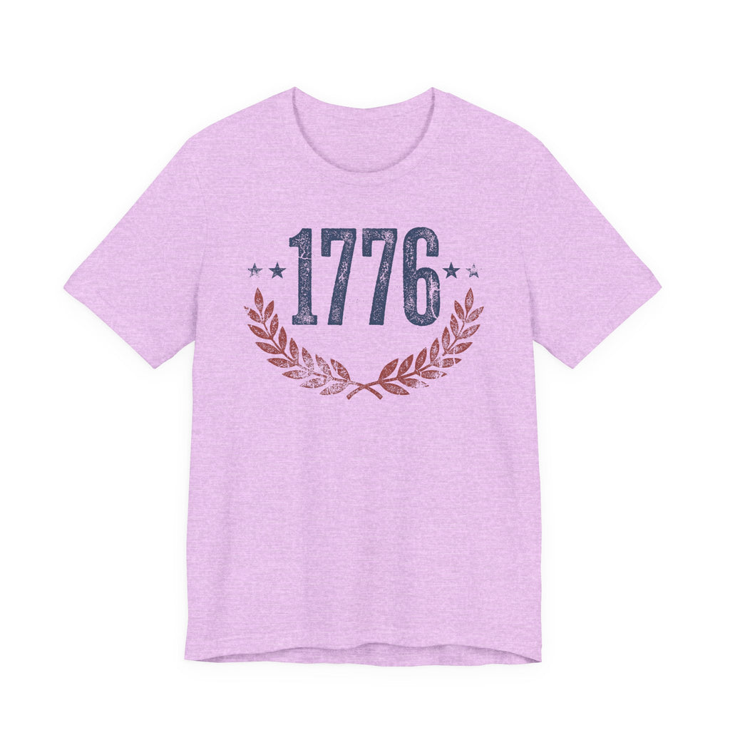 Heather Prism Lilac T-shirt with '1776' laurel wreath graphic and star accents