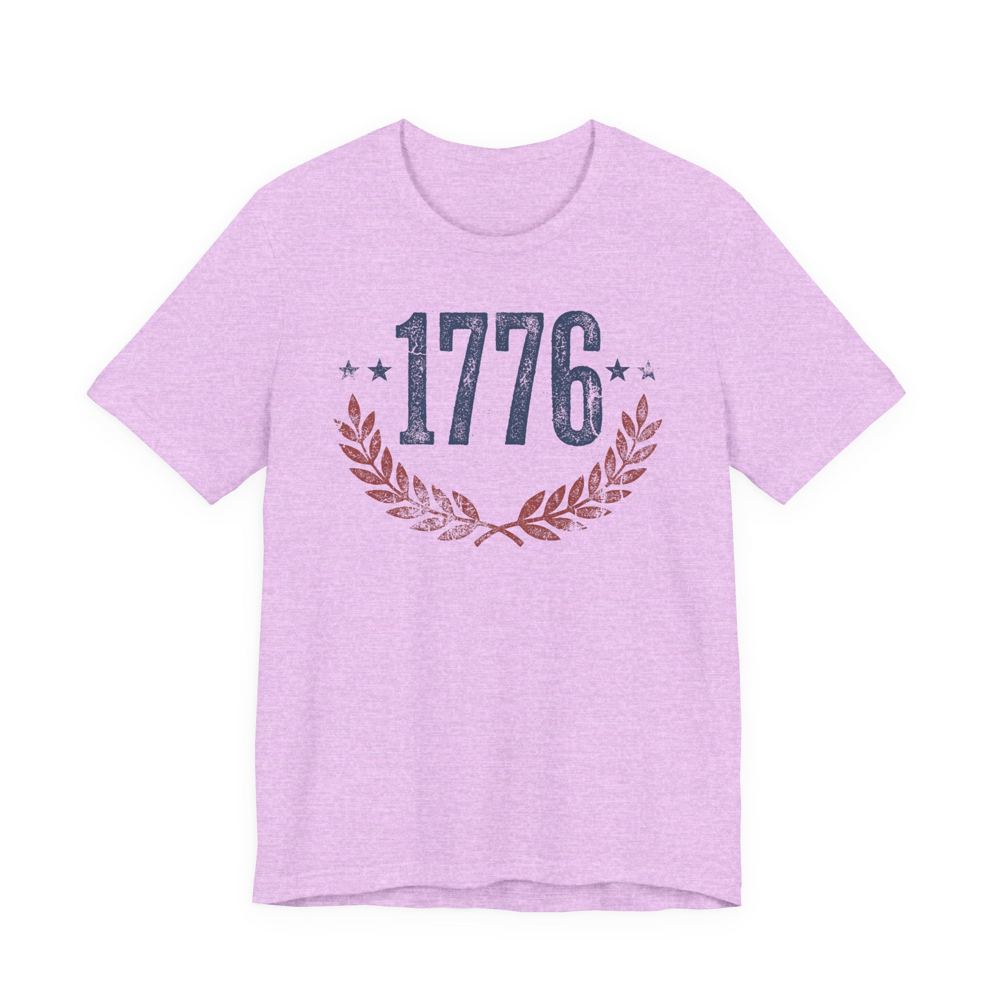 Heather Prism Lilac T-shirt with '1776' laurel wreath graphic and star accents