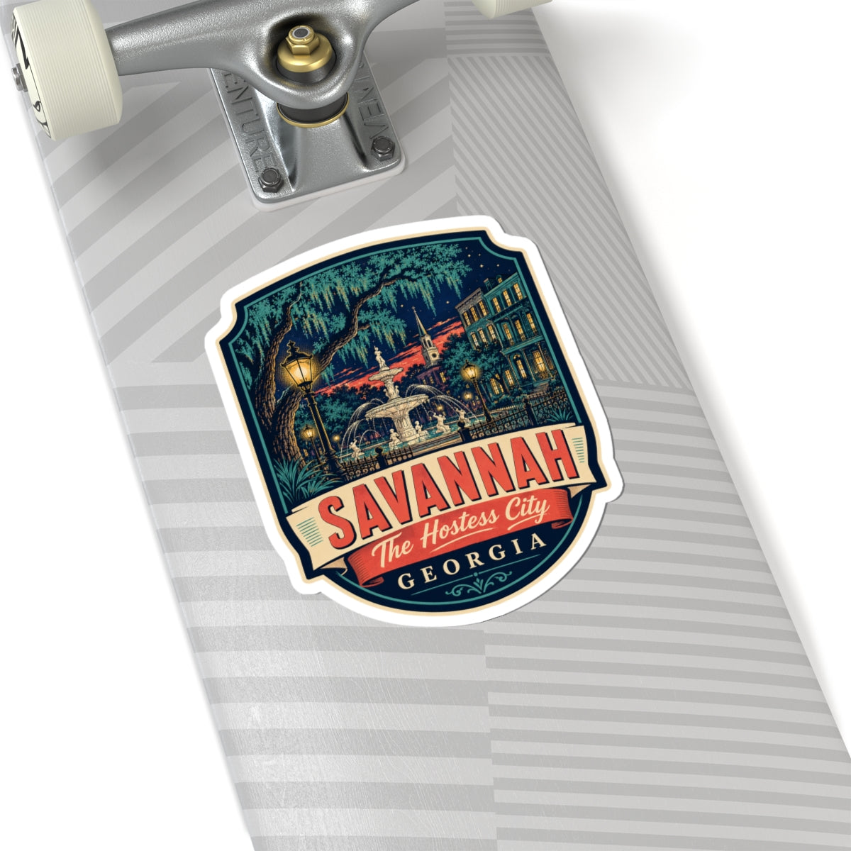 Savannah luggage tag sticker on suitcase, SAVANNAH ribbon and The Hostess City Georgia
