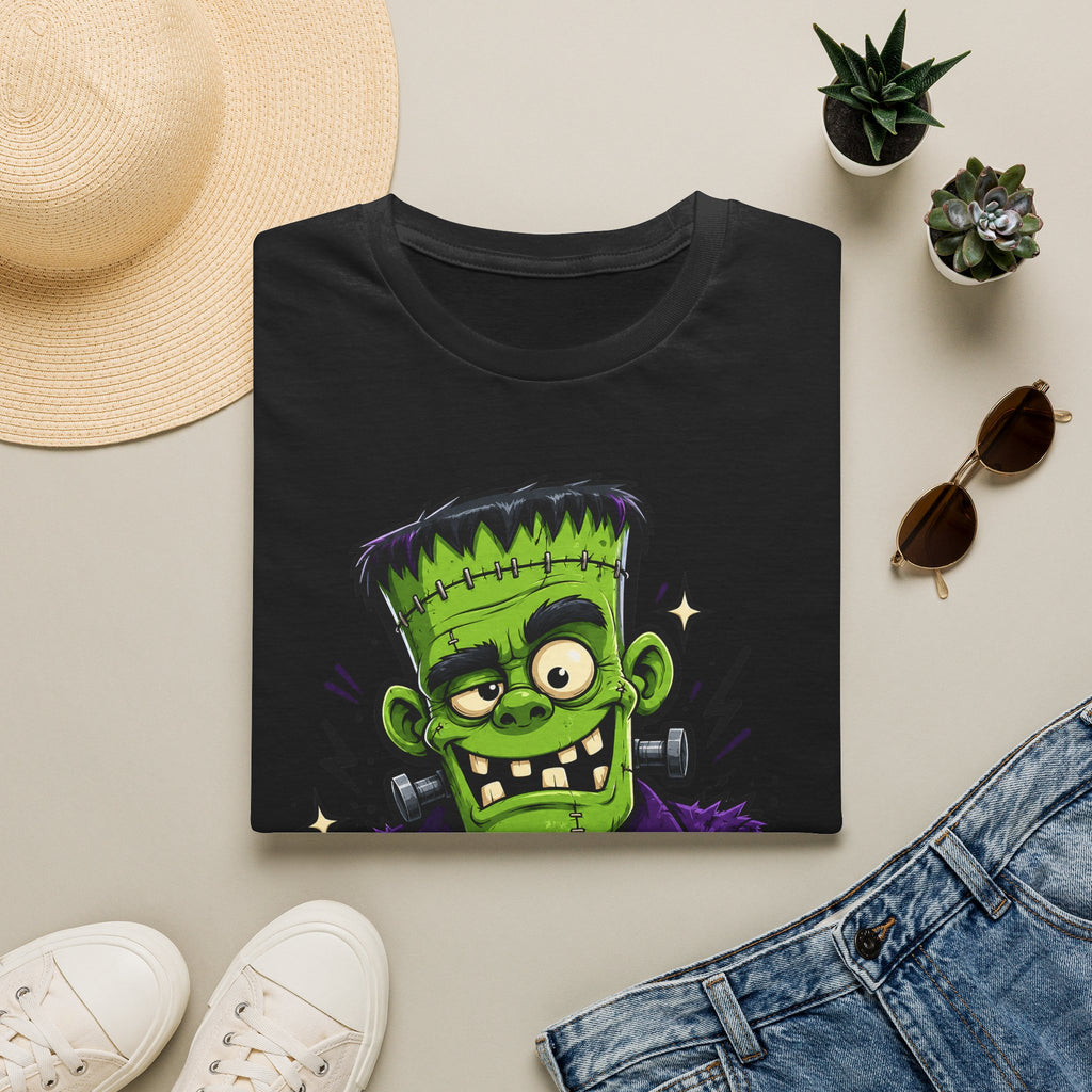 Black T-shirt with green cartoon monster head graphic on chest