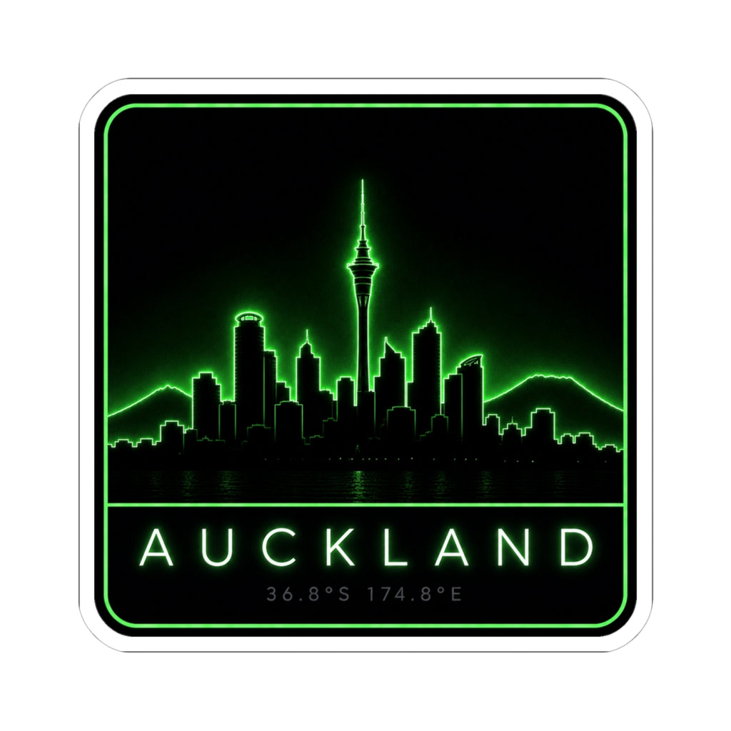 Auckland neon skyline decal, green city outline on black, with AUCKLAND title