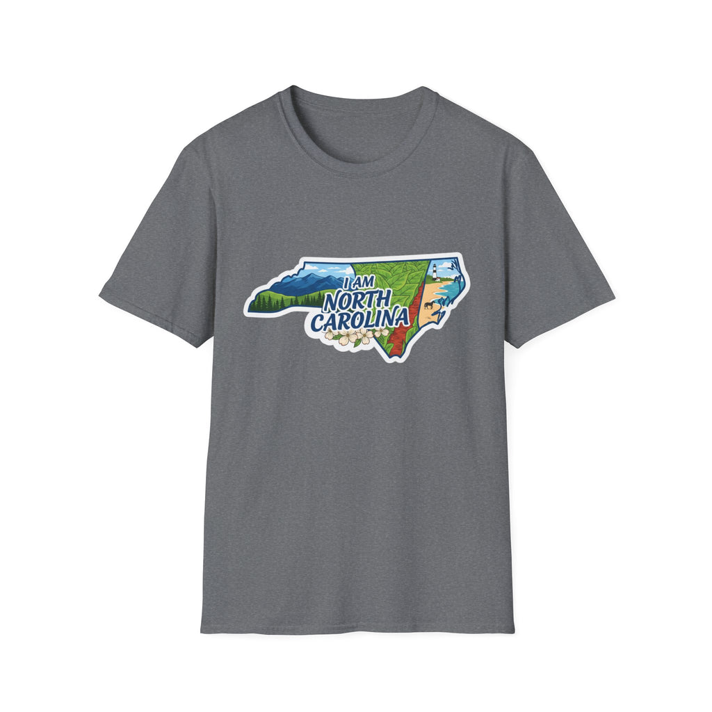 (Dark Heather) North Carolina map T-shirt with nature and floral graphic