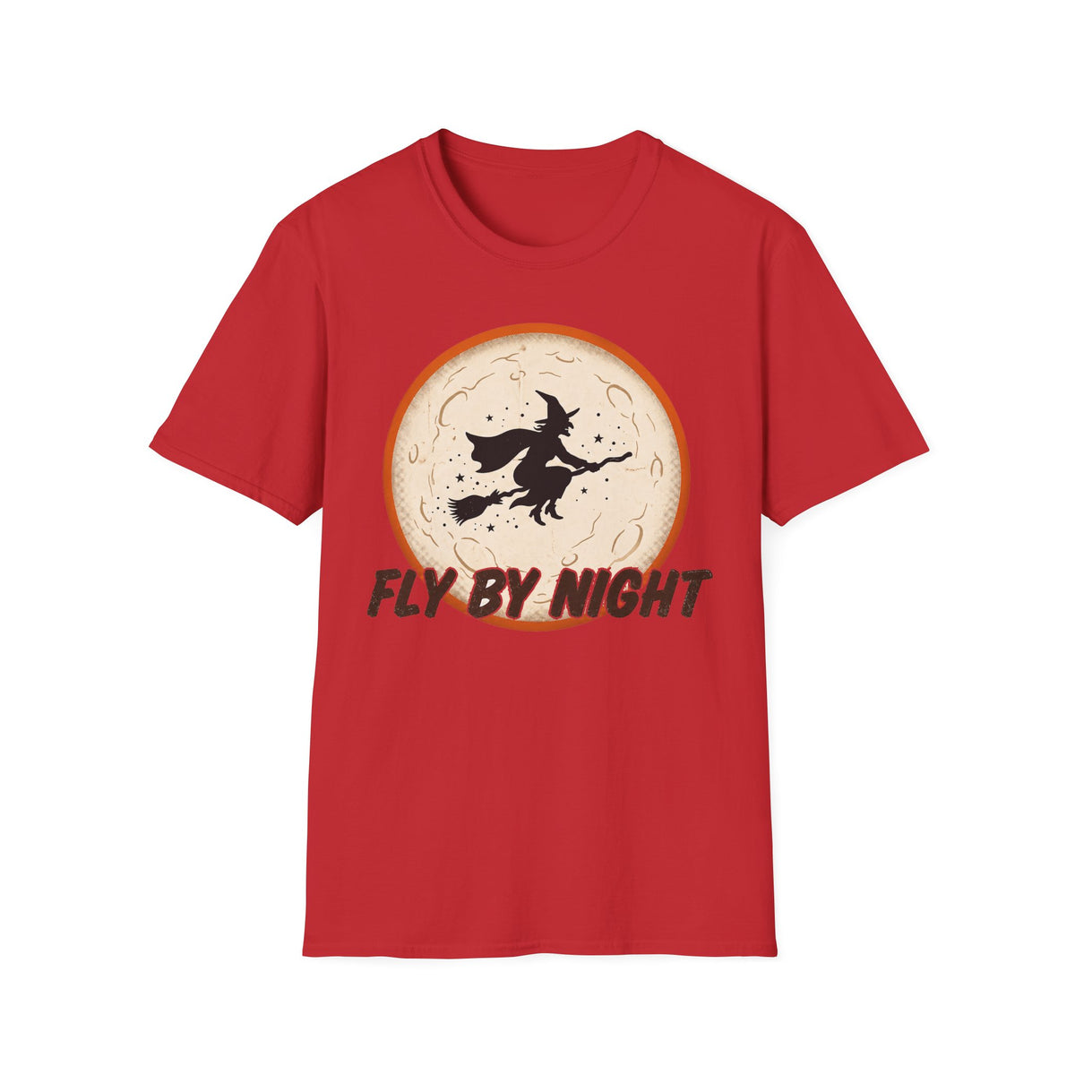 Red crew-neck T-shirt with round witch silhouette graphic and 'Fly By Night' text