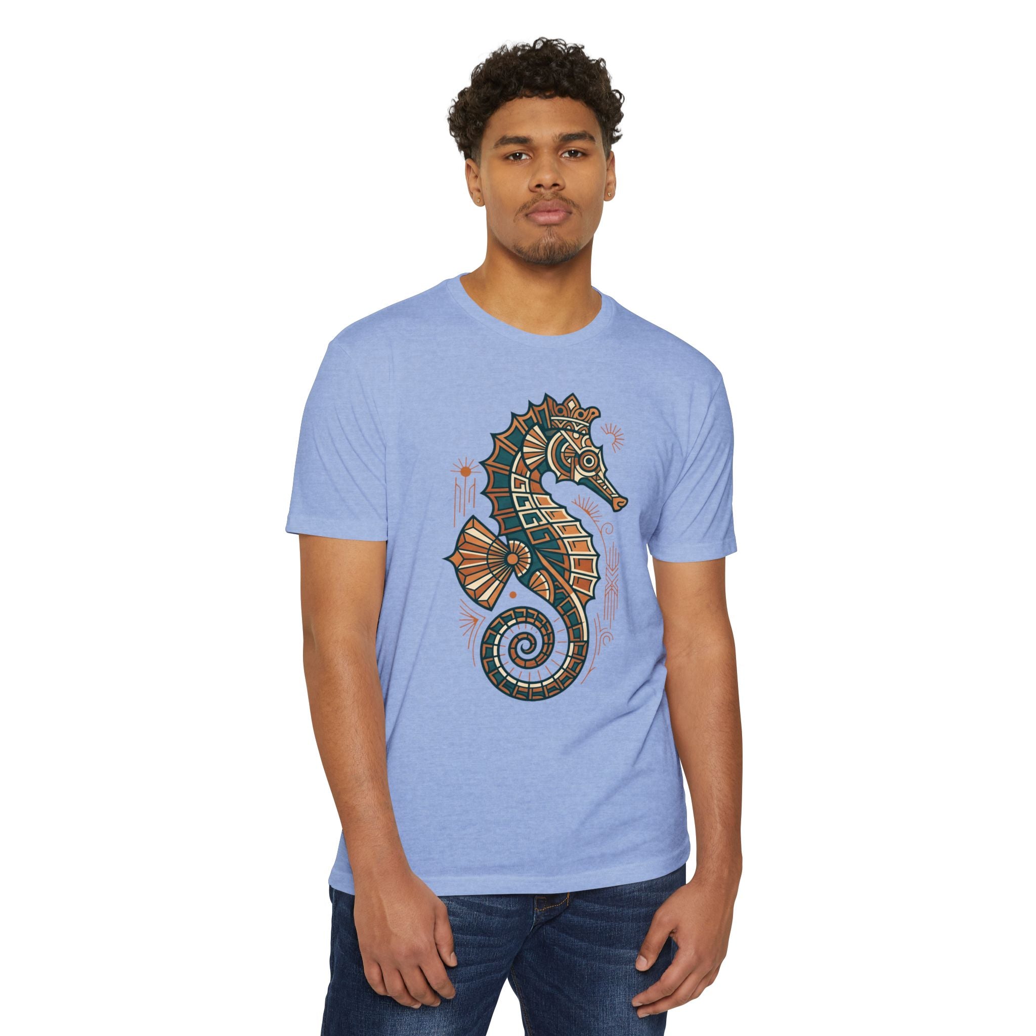 Light blue crew-neck T-shirt with colorful seahorse mosaic graphic on the front