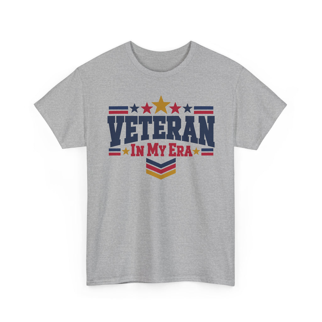 Gray heather T-shirt with colorful "VETERAN" front graphic and stars motif
