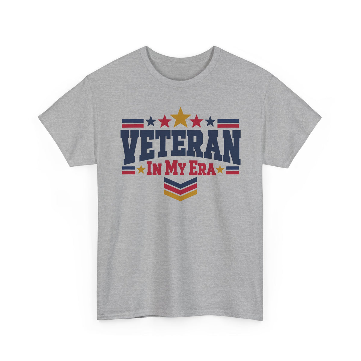 Gray heather T-shirt with colorful "VETERAN" front graphic and stars motif